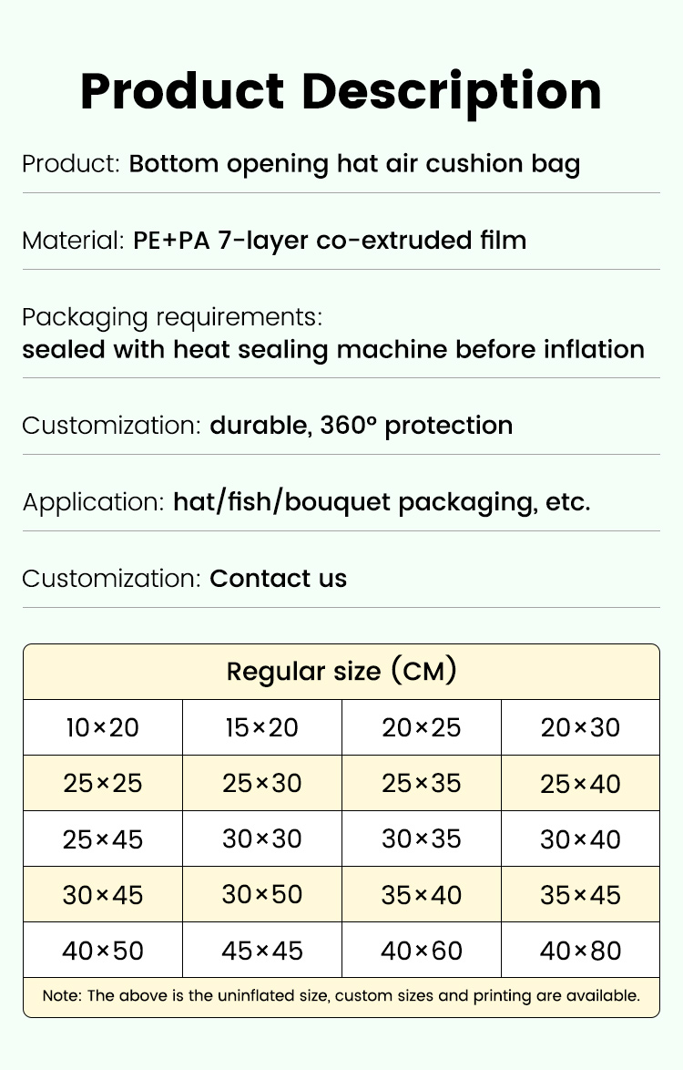 Hat air cushion bag details and regular sizes